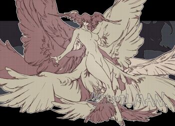 Rule 34 | 1futa, absurdres, angel, bakushi (smys2017), breasts, completely nude, demon, devilman, devilman crybaby, feathered wings, full body, futanari, head wings, highres, large breasts, letterboxed, looking at viewer, medium breasts, multiple wings, nude, outside border, penis, satan (devilman), short hair, solo, wings
