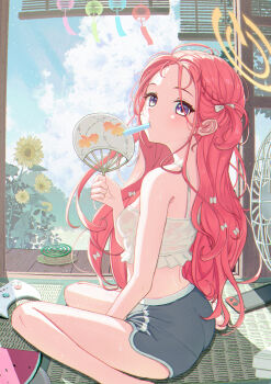 1girl alternate_costume aqua_(eos8012) architecture bare_arms bare_legs bare_shoulders blue_archive blue_eyes blue_sky blush bow braid breasts camisole controller crop_top dolphin_shorts east_asian_architecture electric_fan fanning_self feet_out_of_frame flower food food_in_mouth forehead frilled_shirt frills from_side fruit grey_shorts hair_behind_ear hair_bow halo hand_fan handheld_game_console highres holding holding_fan indoors loli long_hair looking_at_viewer looking_to_the_side midriff one_side_up popsicle popsicle_in_mouth red_hair shirt short_shorts shorts sitting sky sleeveless sleeveless_shirt small_breasts solo sunflower sweat tank_top thighs very_long_hair wariza watermelon wet wet_clothes wet_shirt white_tank_top wind_chime wooden_floor yellow_halo yuzu_(blue_archive)
