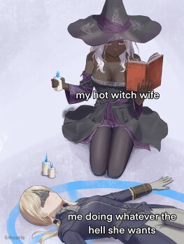 2girls absurdres artist_name black_dress black_leggings blindfold_mask blonde_hair blue_eyes blue_fire blue_jacket book breasts candle cleavage colored_eyelashes dark-skinned_female dark_skin dress duchess_(elden_ring) elden_ring elden_ring_nightreign eye_mask fire gloves hat highres holding holding_candle jacket kneeling large_breasts large_hat leggings linhcoris lying magic_circle mask meme multiple_girls my_hot_witch_wife_(meme) on_back pantyhose ponytail purple_dress purple_sleeves recluse_(elden_ring) ritual small_breasts spell very_dark_skin white_eyelashes white_gloves witch_hat yuri