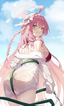 1girl ahoge ass azema between_buttocks bikini bikini_top_only blue_archive blush braid breasts cowboy_shot dated day green_eyes grin hair_between_eyes halo hanako_(blue_archive) hanako_(swimsuit)_(blue_archive) highres hose large_breasts long_hair long_sleeves official_alternate_costume outdoors pink_hair pink_halo red_bikini shirt signature single_braid smile solo swimsuit water white_shirt