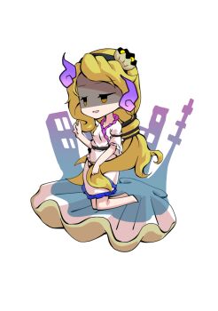 1girl barefoot blonde_hair breasts chibi chibi_only clam commentary_request dairi dress frilled_dress frilled_sleeves frills full_body hand_up kneeling large_variant_set long_hair shaded_face short_sleeves side_slit simple_background solo tachi-e touhou transparent_background variant_set very_long_hair watari_nina white_dress yellow_eyes