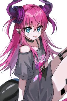 1girl black_choker black_shirt blue_eyes choker dragon_horns dragon_tail ear_piercing elizabeth_bathory_(fate) elizabeth_bathory_(perfect)_(first_ascension)_(fate) fate/grand_order fate_(series) hair_between_eyes highres horns long_hair looking_at_viewer off_shoulder piercing pointy_ears purple_horns shirt simple_background solo syst098 tail tongue tongue_out white_background