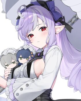 1girl :/ ascot belle_(zenless_zone_zero) black_nails blush bow bowtie breast_curtains breasts center_frills character_doll closed_mouth commentary_request doll dosei drill_hair drill_sidelocks earrings frills gem holding holding_doll holding_umbrella jewelry long_hair medium_breasts mole mole_under_eye pointy_ears purple_ascot purple_bow purple_bowtie purple_gemstone purple_hair purple_umbrella red_eyes shrug_(clothing) sideboob_cutout sidelocks simple_background solo umbrella upper_body vivian_banshee white_background white_shrug wise_(zenless_zone_zero) zenless_zone_zero