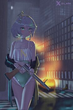 1girl absurdres bikini black_jacket cecilia_immergreen cecilia_immergreen_(holonatsu_paradise) city doll_joints green_bikini green_eyes grey_hair gun highres holding holding_gun holding_weapon hololive hololive_english jacket joints looking_at_viewer medium_hair navel night official_alternate_costume outdoors rain s_aeho shotgun solo swimsuit virtual_youtuber weapon wet winding_key
