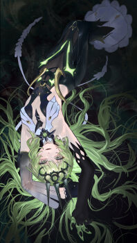 1girl absurdres alt_text armpits arms_up black_dress black_gloves black_tiara claws commentary_request dress duoyun_de_tiankong elbow_gloves gloves green_hair highres honkai_(series) honkai_impact_3rd long_hair mobius_(honkai_impact) parted_lips slit_pupils solo spikes tiara upside-down very_long_hair