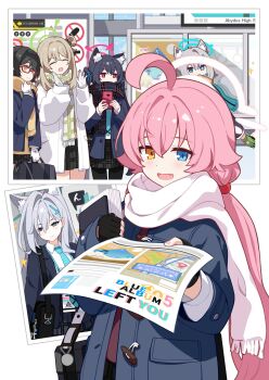 6+girls ahoge animal_ear_fluff animal_ears ayane_(blue_archive) bag black_coat black_gloves black_hair black_pantyhose black_scarf black_skirt blue_archive blue_eyes blue_halo blue_necktie blue_scarf braid brown_hair closed_eyes closed_mouth coat commentary_request fang fingerless_gloves glasses gloves green_gloves green_halo grey_hair hair_between_eyes hair_bun hair_ornament hairclip halo heterochromia highres holding holding_bag holding_paper hoshino_(blue_archive) id_card ideolo long_hair long_sleeves multiple_girls necktie nonomi_(blue_archive) open_mouth pantyhose paper pink_hair pink_halo plaid_clothes plaid_skirt red-framed_eyewear red_eyes red_halo scarf school_uniform serika_(blue_archive) shiroko_(blue_archive) shiroko_terror_(blue_archive) shirt short_hair shoulder_bag sign skirt smile star_(symbol) twintails very_long_hair white_coat white_gloves white_scarf white_shirt wolf_ears wolf_girl yellow_eyes yellow_scarf