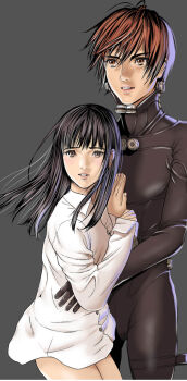 1boy 1girl belt black_bodysuit black_hair bodysuit breasts brown_eyes brown_hair collared_shirt cow gantz gantz_suit grey_background hair_between_eyes highres hug kojima_tae kurono_kei latex latex_bodysuit lips long_hair long_sidelocks long_sleeves looking_back official_art oku_hiroya parted_lips shirt short_hair sidelocks simple_background skin_tight small_breasts standing teeth thigh_belt thigh_strap thighs white_shirt