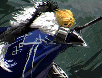 1boy armor armored_legwear black_armor black_fur blue_cape blue_eyes cape commentary covered_mouth dimitri_alexandre_blaiddyd dimitri_alexandre_blaiddyd_(timeskip) english_commentary eyepatch fire_emblem fire_emblem:_three_houses hair_between_eyes holding holding_polearm holding_weapon ing0123 looking_at_viewer male_focus nintendo one_eye_covered pauldrons polearm rain shoulder_armor solo weapon wet white_fur