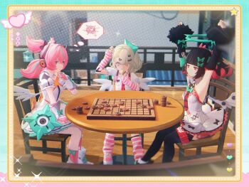 3d 3girls angels_of_delusion aria_(human)_(zenless_zone_zero) aria_(zenless_zone_zero) arm_warmers arms_up bag bare_shoulders black_hair black_thighhighs bow chair closed_mouth colored_inner_hair commentary detached_sleeves dress english_commentary fingerless_gloves food fur-trimmed_sleeves fur_trim gloves green_bow green_eyes green_hair green_halo hair_bow hair_ornament hairclip halo holding holding_food holding_ice_cream ice_cream leg_warmers multicolored_hair multiple_girls multiple_hair_bows multiple_hairclips nangong_yu necktie official_art on_chair open_mouth pink_arm_warmers pink_bag pink_hair pink_leg_warmers playing_games playing_tabletop_game quad_tails red_eyes red_necktie shirt sitting smile spoken_squiggle squiggle striped_leg_warmers sunna_(zenless_zone_zero) thighhighs white_dress white_shirt white_wings wings zenless_zone_zero