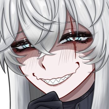 1girl arknights bags_under_eyes black_eyeliner black_gloves blue_eyes blush close-up commentary english_commentary eyeliner gloves grey_hair grin lappland_(arknights) lappland_the_decadenza_(arknights) makeup portrait romulproduce scar scar_across_eye scar_on_face sharp_teeth signature smile smug solo teeth wrinkled_skin