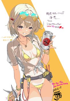 1977_oj3 1girl ahoge beads beer_can bikini blonde_hair bracelet breasts can commentary drink_can english_commentary goddess_of_victory:_nikke gold_bikini hair_beads hair_ornament heart heart-shaped_eyewear highres jewelry liter_(nikke) loli micro_bikini midriff navel necklace screwdriver see-through_clothes see-through_shirt shirt small_breasts swimsuit tan tanline tied_shirt tools translation_request volt_(nikke) white_shirt