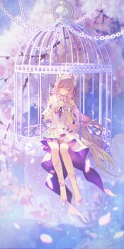 1girl armlet bare_shoulders birdcage breasts cage chain chinese_commentary chromatic_aberration closed_eyes commentary_request cyrene_(honkai:_star_rail) cyrene_(ripples_of_past_reverie)_(honkai:_star_rail) dress facing_viewer flower gleam_lin_shi hair_flower hair_ornament hands_on_own_chest highres honkai:_star_rail honkai_(series) jewelry large_breasts long_hair pink_hair pointy_ears purple_flower purple_rose purple_shoes rose shoes sidelocks sitting solo very_long_hair white_dress