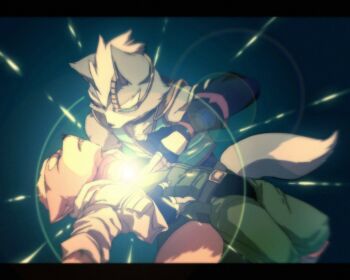 2boys animal_ears closed_eyes commentary_request fingerless_gloves fox_boy fox_ears fox_mccloud fox_tail furry furry_male gloves green_pants hikako jacket looking_at_another male_focus multiple_boys nintendo pants scouter star_fox tail white_jacket wolf_boy wolf_ears wolf_o&#039;donnell wolf_tail yaoi