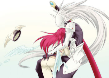 Rule 34 | 1boy, 1girl, arc system works, armor, ass, blazblue, couple, feathers, gloves, hakumen, hand on ass, hat, hetero, hug, long hair, military, military uniform, red hair, sheath, sheathed, silver hair, sword, tsubaki yayoi, unworn hat, unworn headwear, very long hair, weapon, wings