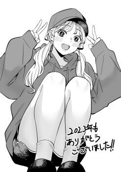 1girl baseball_cap commentary_request dolphin_shorts double_v greyscale hat highres hood hoodie kusunoki_aroma looking_at_viewer monochrome open_mouth sawaranaide_kotesashi-kun shinjou_takuya short_shorts shorts simple_background sleeves_past_wrists smile solo squatting translation_request twintails v white_background