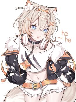 1girl absurdres alternate_costume animal_ear_fluff animal_ears bandaid bandaid_hair_ornament belt black_collar black_jacket blonde_hair blue_eyes breasts collar collarbone commentary cowboy_shot cropped_shirt crossed_bangs dog_ears dog_girl dog_tail double-parted_bangs english_commentary fake_horns frilled_shorts frills hair_between_eyes hair_ornament hairband highres hololive hololive_english horn_hairband horns jacket looking_at_viewer midriff mococo_abyssgard multicolored_hair navel open_clothes open_jacket open_mouth orange_belt orange_hairband orange_streaks rosheil shirt short_hair short_shorts shorts simple_background small_breasts smile solo streaked_hair tail virtual_youtuber white_background white_shirt white_shorts x_hair_ornament