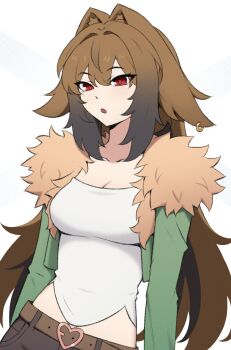 1girl belt black_hair brown_belt brown_hair edmonmondo fur-trimmed_jacket fur_trim gradient_hair green_jacket hair_intakes highres jacket long_hair long_sleeves midriff multicolored_hair official_alternate_costume open_clothes open_jacket open_mouth red_eyes shirt simple_background solo strapless strapless_shirt upper_body very_long_hair white_background white_shirt ye_shunguang zenless_zone_zero