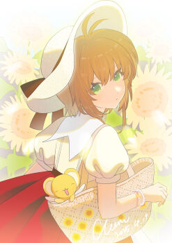 Rule 34 | 1girl, :3, absurdres, antenna hair, bag, bead bracelet, beads, bow, bracelet, brown hair, cardcaptor sakura, cleric (greedyisland), closed eyes, commentary, dated, field, flower, flower field, from behind, green eyes, hat, hat bow, highres, jewelry, kero (cardcaptor sakura), kinomoto sakura, looking at viewer, looking back, open mouth, puffy short sleeves, puffy sleeves, short hair with long locks, short sleeves, signature, skirt, smile, star bracelet, sun hat, sunflower, sunflower field, suspender skirt, suspenders, tote bag, waving