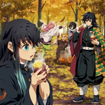1girl 4boys aqua_eyes aqua_hair belt black_hair black_jacket black_pants blonde_hair blue_eyes braid buttons demon_slayer_uniform empty_eyes food forest gold_buttons green_hair hana_ni_nare haori heterochromia high_collar highres holding holding_food iguro_obanai jacket japanese_clothes kanroji_mitsuri kikkoumon kimetsu_no_yaiba long_hair low_ponytail male_focus multicolored_hair multiple_boys nature open_mouth pants pink_hair ponytail print_haori red_hair red_haori rengoku_kyoujurou smile snake spiked_hair standing standing_on_one_leg tokitou_muichirou tomioka_giyuu two-tone_hair upper_body white_belt white_haori