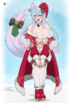 1girl animal_ears bell black-framed_eyewear blue_eyes blue_hair boots breasts christmas cleavage cloak collar fangs glasses hands_on_own_knees hat huge_breasts indie_virtual_youtuber leaning_forward lipstick long_hair looking_at_viewer makeup mascara multicolored_hair nail_polish open_mouth outdoors pink_hair red_lips red_nails ribbon ribbon_on_tail santa_costume santa_hat sidelocks silvervale smile snow solo solo_focus standing tail thighhighs truewaifu virtual_youtuber wide_hips wolf_ears wolf_tail