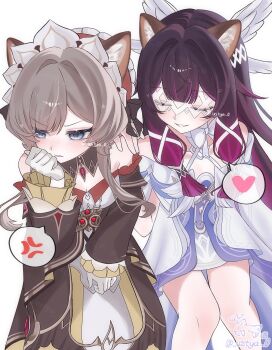 2girls anger_vein animal_ear_fluff animal_ears black_bow black_hair blue_eyes blush bow brown_dress brown_hair cat_ears closed_eyes columbina_(genshin_impact) commentary_request detached_collar detached_sleeves dress eye_mask frilled_sleeves frills genshin_impact gloves hair_bow hair_intakes hair_ribbon hand_on_another's_shoulder head_wings headdress heart highres long_hair long_sleeves mask multicolored_hair multiple_girls pink_hair ribbon sandrone_(genshin_impact) signature simple_background smile spoken_anger_vein spoken_heart twitter_username two-tone_hair ustya_0 white_background white_bow white_dress white_gloves white_ribbon white_wings wings yuri
