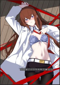 1girl adobe_photoshop art_program_in_frame black_pantyhose blue_bra bra brown_hair commentary_request dress_shirt groin lace lace-trimmed_bra lace_trim long_hair long_sleeves looking_at_viewer lying makise_kurisu navel necktie on_back open_clothes open_shirt pantyhose photoshop_(medium) removing_necktie science_adventure shirase_rin shirt short_shorts shorts solo steins;gate stomach underwear unfinished white_shirt