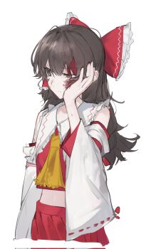 1girl ascot bare_shoulders blood blood_on_face bow brown_eyes brown_hair closed_mouth detached_sleeves expressionless hair_between_eyes hair_tubes hakurei_reimu hand_on_own_cheek hand_on_own_face highres long_hair looking_to_the_side midriff red_bow red_shirt red_skirt shirt skirt sleeveless sleeveless_shirt solo takoyaki5221 touhou white_background yellow_ascot