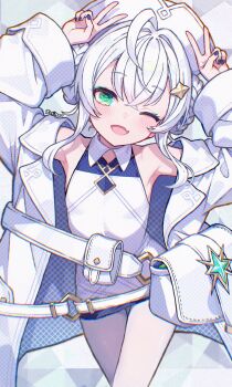 1girl ahoge arms_up artist_name bare_shoulders bastelina_(stella_sora) braid braided_hair_rings breasts coat collared_dress colored_eyelashes commentary dress english_commentary fang green_eyes hair_rings hat highres off_shoulder one_eye_closed open_mouth pantyhose rafi_(rafitea) short_hair_with_long_locks sidelocks skin_fang sleeveless sleeveless_dress small_breasts smile solo stella_sora v white_coat white_dress white_eyelashes white_hair white_hat white_pantyhose