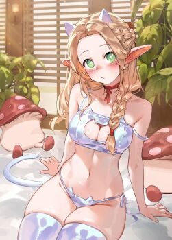 1girl absurdres animal_ears arm_support bare_shoulders braid bright_pupils cat_ears cat_lingerie cat_tail choker dungeon_meshi fake_animal_ears fake_tail foolish_potato forehead green_hair groin head_tilt highres indoors marcille_donato mushroom navel panties red_choker side-tie_panties sitting solo stomach strap_slip tail thighhighs thighs underwear walking_mushroom_(dungeon_meshi) white_panties white_thighhighs