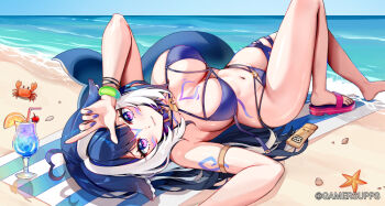 1girl ahoge bare_shoulders beach bikini blue_hair blush body_markings bracelet breasts cleavage commentary english_commentary foxyreine halterneck heart heart_ahoge indie_virtual_youtuber jewelry large_breasts long_hair looking_at_viewer lying navel on_back orca_girl purple_bikini purple_eyes sandals shylily shylily_(bikini) smile solo string_bikini swimsuit virtual_youtuber