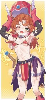 Rule 34 | armor, armpits, belt, bikini, bikini armor, black gloves, black socks, boots, breasts, breath, brown hair, commentary request, cosplay, cuts, d;, dragon quest, dragon quest vii, dragon quest vii reimagined, elbow gloves, feathered helmet, feet out of frame, gloves, gloves over elbow gloves, green eyes, helmet, highleg, highleg bikini, highres, holding, holding unworn helmet, injury, jewelry, kneehighs, long hair, maribel (dq7), n2ewu, navel, one eye closed, open mouth, pauldrons, red boots, red gloves, sheath, sheathed, shoulder armor, small breasts, socks, sweat, swimsuit, sword, thighlet, torn clothes, torn gloves, underboob, unworn headwear, unworn helmet, warrior (dq3), warrior (dq3) (cosplay), wavy mouth, weapon, yellow background