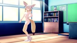 1girl :3 animal_ears animated blonde_hair blush bottomless bouncing_breasts bow bowtie breasts brown_eyes cleft_of_venus dancing fennec_(kemono_friends) fox_ears fox_tail highres indoors kemono_friends lucky_beast_(kemono_friends) medium_breasts miniskirt multicolored_hair multicolored_thighhighs navel nipples no_panties pussy short_hair skirt smile sweater tail thighhighs torea video white_hair white_thighhighs yellow_bow yellow_bowtie yellow_thighhighs