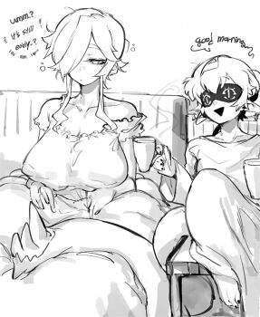 Rule 34 | 1boy, 1girl, bed, before and after, breasts, chair, coffee, demon boy, doppel (bonnypir), dress, english text, fixed-point camera, frilled dress, frills, large breasts, monochrome, original, sagging breasts, sitting