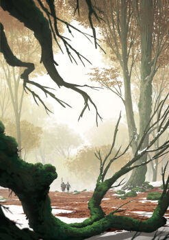 1boy autumn autumn_leaves branch cloud cloudy_sky commentary english_commentary forest from_behind highres horse knight landscape leaf lorenzo_lanfranconi moss nature original painterly rock scenery sky snow tree walking