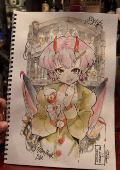 Rule 34 | 1girl, :d, absurdres, breasts, brown eyes, brown jacket, cleavage, collarbone, commentary, cup, demon girl, demon horns, demon wings, earrings, english commentary, eudetenis, fang, grey eyes, heterochromia, highres, holding, holding cup, horns, jacket, jewelry, long sleeves, looking at viewer, medium breasts, nail polish, open mouth, original, photo (medium), pink hair, pink wings, pointy ears, puffy long sleeves, puffy sleeves, red nails, short hair, signature, smile, solo, traditional media, wings