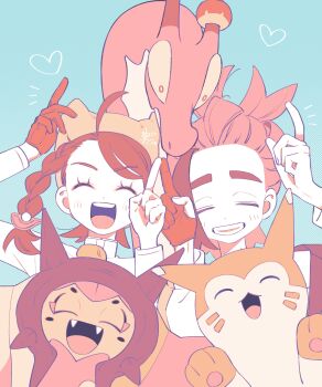 Rule 34 | 1boy, 1girl, 4lily, ^ ^, absurdres, blush, braid, closed eyes, commentary request, facing viewer, fangs, furret, gen 2 pokemon, gloves, hair ornament, hairband, heart, highres, hydrapple, index finger raised, jacket, juliana (pokemon), kieran (pokemon), limited palette, long sleeves, nintendo, ogerpon, open mouth, partially fingerless gloves, pokemon, pokemon (creature), pokemon sv, simple background, single glove, teeth, upper body, upper teeth only