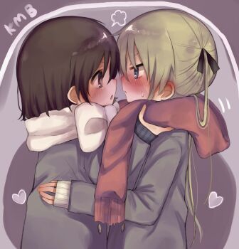 2girls blonde_hair blush brown_hair coat enpera hanabi_(yuruneko0624) heart highres imminent_kiss kill_me_baby long_hair long_sleeves multiple_girls necktie oribe_yasuna red_scarf ribbon scarf school_uniform short_hair sleeves_past_wrists sonya_(kill_me_baby) sweatdrop sweater twintails white_scarf winter_clothes winter_coat yuri