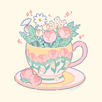 Rule 34 | absurdres, commentary, cup, flower, flower focus, highres, hiro046k, leaf, no humans, original, pink flower, saucer, signature, simple background, sparkle, teacup, white flower, yellow background