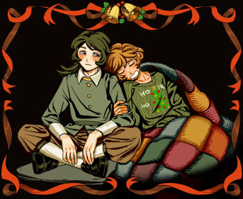 1boy 1girl abaddon_(haunted_hotel) black_background blanket blush christmas closed_eyes coat commentary drooling english_commentary esther_freeling green_coat green_hair green_sweater haunted_hotel hetero highres holding_another's_arm indian_style long_hair looking_at_another mouth_drool muomuu_0 orange_hair red_eyes ribbon_border short_hair sitting sleeping sweater wrapped_in_blanket
