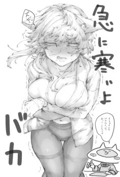 1girl blush breasts cat_girl cleavage cold half-closed_eyes highres large_breasts medium_breasts navel original panties pantyhose sharp_teeth shiro_iku snot teeth thighband_pantyhose underwear white_background