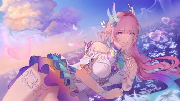 Rule 34 | 1girl, akioblaze, bare shoulders, blue sky, breasts, cyrene (demiurge) (honkai: star rail), cyrene (honkai: star rail), diamond-shaped pupils, diamond (shape), dress, field, flower, flower field, hair flower, hair ornament, hashtag-only commentary, honkai: star rail, honkai (series), large breasts, long hair, looking at viewer, outdoors, pink hair, pointy ears, purple eyes, sky, smile, solo, symbol-shaped pupils, thighs, very long hair, white dress