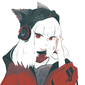 1girl animal_ears arknights beanie black_hood closed_mouth clothes_writing commentary_request ears_through_hood fox_ears fox_girl frostleaf_(arknights) grey_shirt hand_in_own_hair hand_on_headphones hand_up hat headphones implied_extra_ears jacket long_hair looking_at_viewer mugioec off-shoulder_shirt off_shoulder open_clothes open_jacket red_eyes red_jacket red_scarf scarf shirt simple_background solo upper_body white_background white_hair