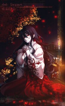 1girl absurdres black_hair blood blood_on_clothes blood_on_face breasts bridge candlelight cleavage commentary_request hakama highres japanese_clothes kayoi kimono miko open_clothes open_kimono original pale_skin pointy_ears red_eyes red_hakama tree vampire