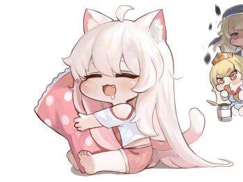 +_+ 3girls :3 :d ahoge animal_ear_fluff animal_ears bare_shoulders barefoot blonde_hair blush_stickers cat_ears cat_girl cat_tail chibi closed_eyes clothing_cutout commentary_request dokomon dress drooling eating erpin_(trickcal) fang food full_body grey_dress habit hair_between_eyes highres holding holding_food hugging_object kommy_(trickcal) korean_commentary long_hair multiple_girls ner_(trickcal) open_mouth peeking_out pillow pillow_hug pink_shorts red_eyes saliva shadow shirt short_sleeves shorts shoulder_cutout simple_background sitting smile soles tail tiara toes trickcal veil very_long_hair white_background white_hair white_shirt