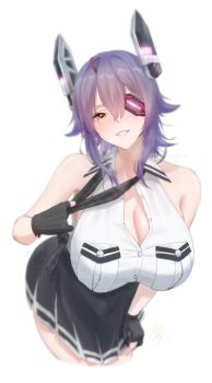 1girl absurdres black_gloves black_skirt blush breast_pocket breasts checkered_necktie cleavage clothes_grab commentary_request cowboy_shot eyepatch feet_out_of_frame gloves headgear heavy_breathing highres kantai_collection large_breasts looking_at_viewer necktie necktie_grab neckwear_grab open_clothes open_mouth open_shirt partially_fingerless_gloves partially_unbuttoned pocket purple_hair shirt short_hair shushan simple_background skirt sleeveless sleeveless_shirt solo tenryuu_(kancolle) tenryuu_kai_ni_(kancolle) white_background white_shirt yellow_eyes