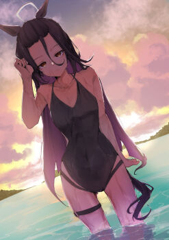 Rule 34 | 1girl, absurdres, ahoge, animal ears, bare shoulders, black hair, black one-piece swimsuit, breasts, casual one-piece swimsuit, closed mouth, cloud, collarbone, commentary, covered navel, gorioshi0802, hair between eyes, highres, horse ears, horse girl, horse tail, jewelry, long hair, looking at viewer, manhattan cafe (umamusume), multicolored hair, ocean, one-piece swimsuit, outdoors, sky, small breasts, solo, swimsuit, tail, thigh strap, umamusume, very long hair, water, wet, white hair, yellow eyes
