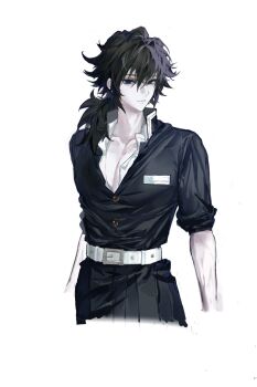 Rule 34 | 1boy, belt, belt buckle, black hair, black jacket, black pants, blue eyes, buckle, buttons, closed mouth, commentary request, cowboy shot, demon slayer uniform, empty eyes, gold buttons, high collar, highres, jacket, kimetsu no yaiba, long hair, looking at viewer, low ponytail, male focus, mianmian1127, no haori, pants, ponytail, simple background, solo, spiked hair, tomioka giyuu, white background, white belt