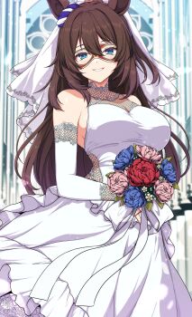 1girl animal_ears blue_eyes bouquet breasts bridal_veil bride brown_hair commentary domino_mask dress ear_scrunchie el_condor_pasa_(umamusume) elbow_gloves english_commentary eye_mask fishnets flower gloves hair_between_eyes highres holding holding_bouquet horse_ears horse_girl large_breasts long_hair looking_at_viewer mask parted_lips ponytail scrunchie see-through_cleavage see-through_clothes sheita sleeveless sleeveless_dress smile umamusume veil wedding_dress white_dress white_gloves