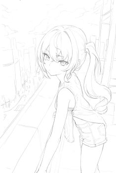 1girl alternate_costume bare_shoulders closed_mouth cloud commentary cowboy_shot crossed_bangs ddcc0123 from_side greyscale hair_between_eyes hair_intakes highres long_hair luciana_de_montefio monochrome shirt shorts side_ponytail sketch sleeveless sleeveless_shirt solo zenless_zone_zero