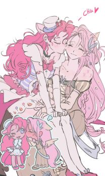 Rule 34 | 2girls, animal ears, asymmetrical gloves, blush, bow, bowtie, braid, butterfly hair ornament, butterfly tattoo, candy print, chibi, chibi inset, choker, closed eyes, collarbone, commentary, cross-laced clothes, cross-laced dress, curly hair, dress, elbow gloves, fluttershy, food print, gloves, green choker, hair ornament, hands on own knees, hashtag-only commentary, hat, heart, highres, horse ears, horse girl, long hair, memoji 7672, multiple girls, my little pony, my little pony: friendship is magic, o3o, off-shoulder dress, off shoulder, pink bow, pink bowtie, pink hair, pink shoes, pinkie pie, shoes, side braid, single elbow glove, sitting, sitting on lap, sitting on person, sketch, tattoo, uneven gloves, white gloves, white hat, yuri